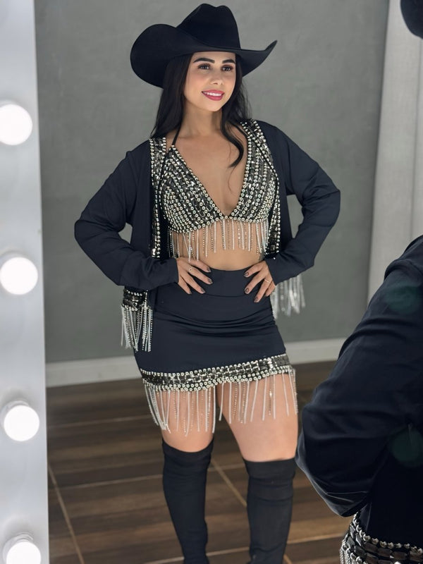 Conjunto Trio Laís Luxo | Jaqueta com Franjas de Strass e Pedraria Manual - Preciosa by Catiuse Daniela