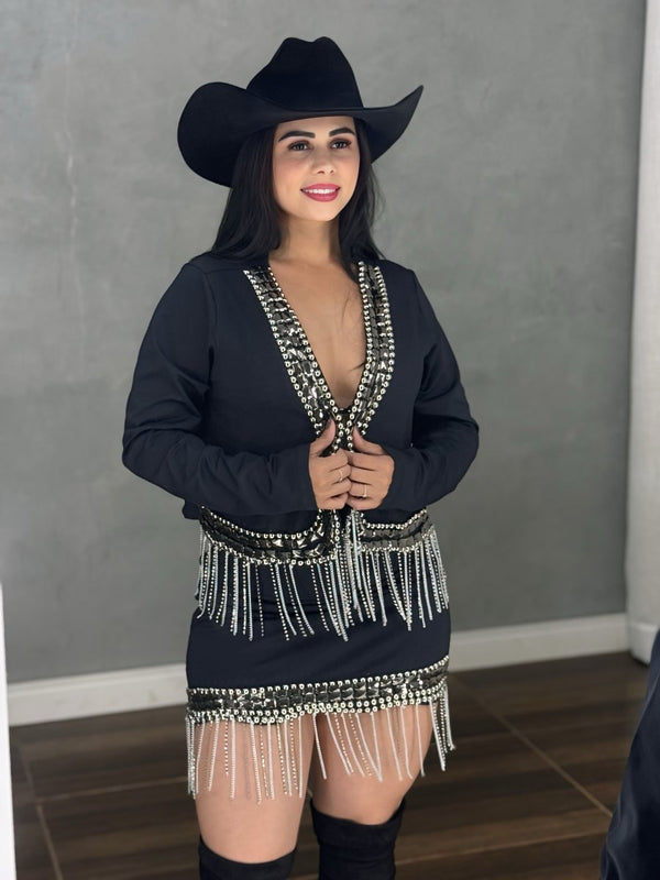 Conjunto Trio Laís Luxo | Jaqueta com Franjas de Strass e Pedraria Manual - Preciosa by Catiuse Daniela