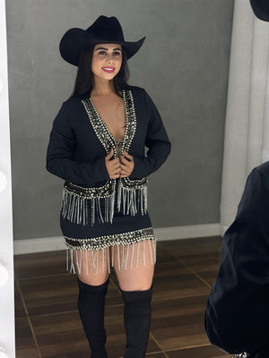 Conjunto Trio Laís Luxo | Jaqueta com Franjas de Strass e Pedraria Manual - Preciosa by Catiuse Daniela