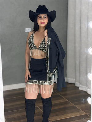Conjunto Trio Laís Luxo | Jaqueta com Franjas de Strass e Pedraria Manual - Preciosa by Catiuse Daniela