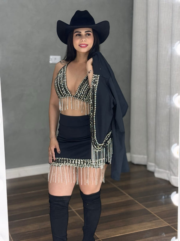 Conjunto Trio Laís Luxo | Jaqueta com Franjas de Strass e Pedraria Manual - Preciosa by Catiuse Daniela