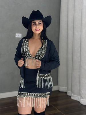 Conjunto Trio Laís Luxo | Jaqueta com Franjas de Strass e Pedraria Manual - Preciosa by Catiuse Daniela