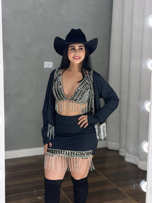 Conjunto Trio Laís Luxo | Jaqueta com Franjas de Strass e Pedraria Manual - Preciosa by Catiuse Daniela