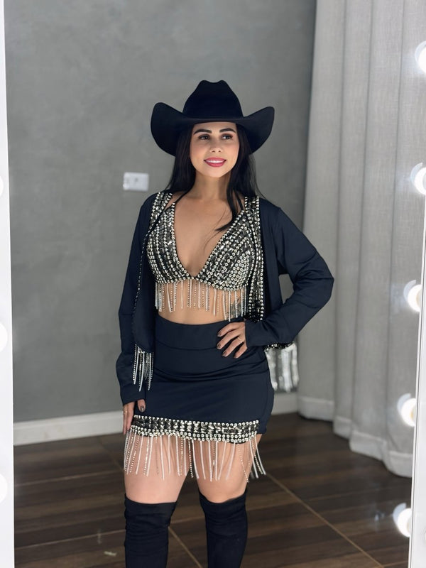 Conjunto Trio Laís Luxo | Jaqueta com Franjas de Strass e Pedraria Manual - Preciosa by Catiuse Daniela