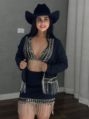 Conjunto Trio Laís Luxo | Jaqueta com Franjas de Strass e Pedraria Manual - Preciosa by Catiuse Daniela