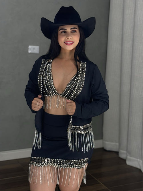 Conjunto Trio Laís Luxo | Jaqueta com Franjas de Strass e Pedraria Manual - Preciosa by Catiuse Daniela