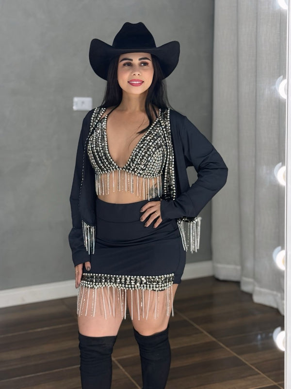 Conjunto Trio Laís Luxo | Jaqueta com Franjas de Strass e Pedraria Manual - Preciosa by Catiuse Daniela