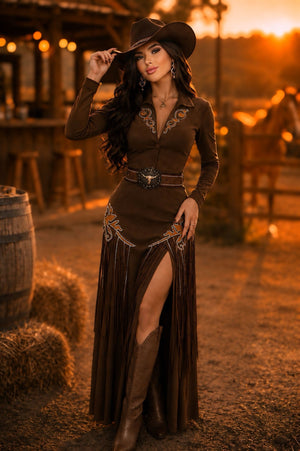 Conjunto Western Arizona Luxo | Cropped Blazer com Botões e Saia Longa de Suede Scuba com Bordados e Corrente de Strass - Preciosa by Catiuse Daniela