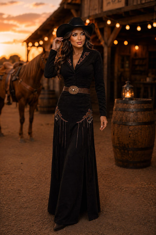 Conjunto Western Arizona Luxo | Cropped Blazer com Botões e Saia Longa de Suede Scuba com Bordados e Corrente de Strass - Preciosa by Catiuse Daniela