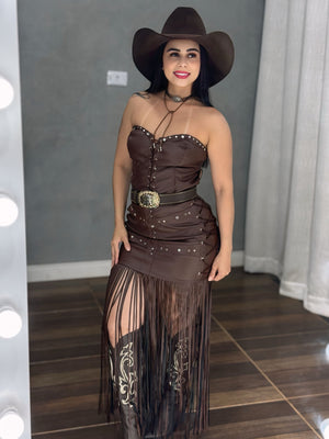 Conjunto Western Dakota Luxo | Corsele Estruturado e Saia com Franjas em Couro - Preciosa by Catiuse Daniela