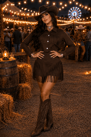 Conjunto Western Dallas Luxo | Jaqueta Cropped com Botões e Short Saia em Suede Premium com Franjas - Preciosa by Catiuse Daniela