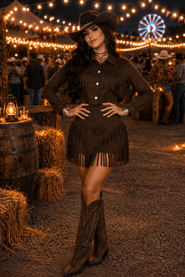 Conjunto Western Dallas Luxo | Jaqueta Cropped com Botões e Short Saia em Suede Premium com Franjas - Preciosa by Catiuse Daniela