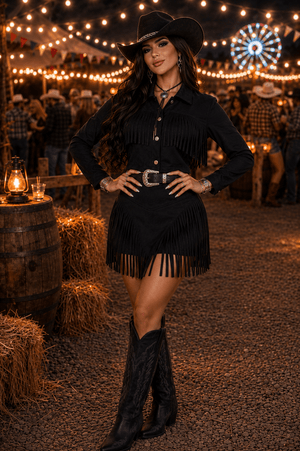 Conjunto Western Dallas Luxo | Jaqueta Cropped com Botões e Short Saia em Suede Premium com Franjas - Preciosa by Catiuse Daniela