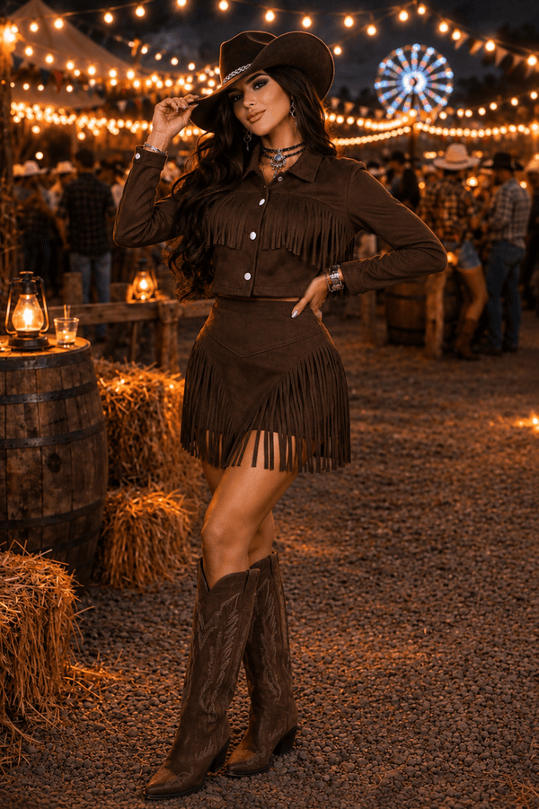 Conjunto Western Dallas Luxo | Jaqueta Cropped com Botões e Short Saia em Suede Premium com Franjas - Preciosa by Catiuse Daniela