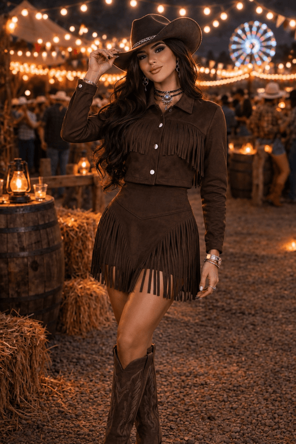 Conjunto Western Dallas Luxo | Jaqueta Cropped com Botões e Short Saia em Suede Premium com Franjas - Preciosa by Catiuse Daniela