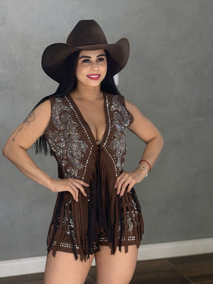 Conjunto Western Glam Luxo | Colete com Franjas e Short em Suede com Strass - Preciosa by Catiuse Daniela