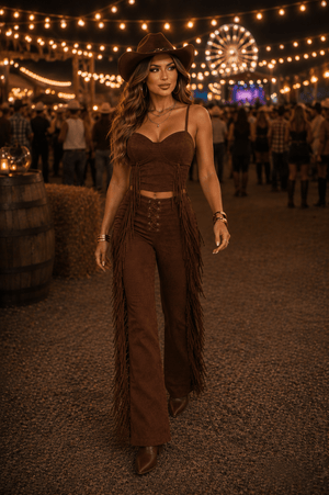 Conjunto Western Lara Luxo | Cropped com Aro Estruturado e Calça Flare com Ilhós e Franjas em Suede - Preciosa by Catiuse Daniela