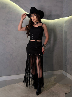 Conjunto Western Leona Luxo | Cropped com Bojo e Saia em Suede Premium - Preciosa by Catiuse Daniela