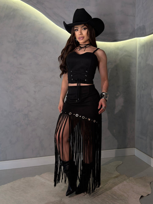 Conjunto Western Leona Luxo | Cropped com Bojo e Saia em Suede Premium - Preciosa by Catiuse Daniela
