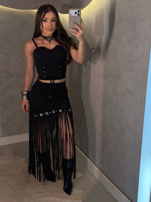 Conjunto Western Leona Luxo | Cropped com Bojo e Saia em Suede Premium - Preciosa by Catiuse Daniela