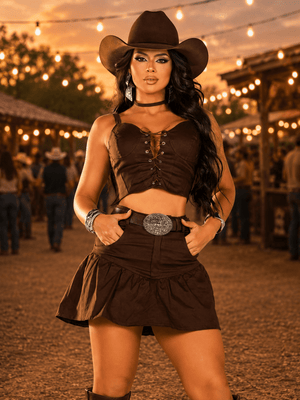 Conjunto Western Sarja Marrom | Cropped Corset com Amarração Frontal e Short Saia Babado Sem Elasticidade - Preciosa by Catiuse Daniela