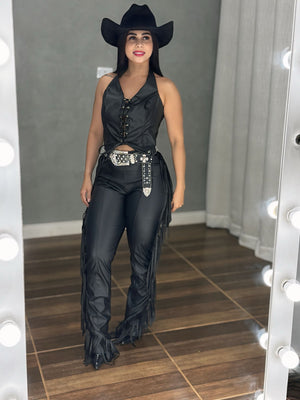 Conjunto Western Texas Black Luxo | Colete e Calça em Courino com Tecido Prada - Preciosa by Catiuse Daniela