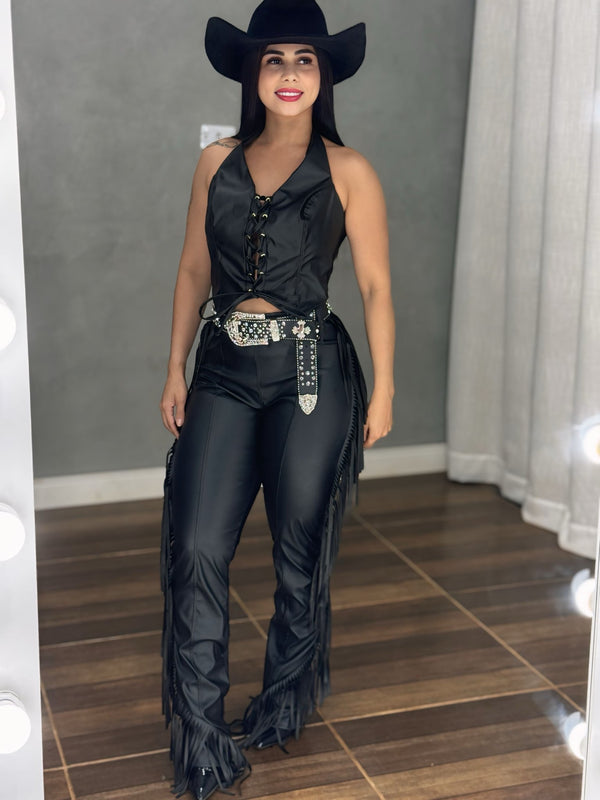Conjunto Western Texas Black Luxo | Colete e Calça em Courino com Tecido Prada - Preciosa by Catiuse Daniela