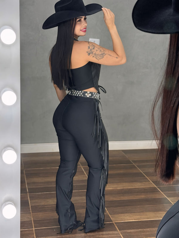 Conjunto Western Texas Black Luxo | Colete e Calça em Courino com Tecido Prada - Preciosa by Catiuse Daniela