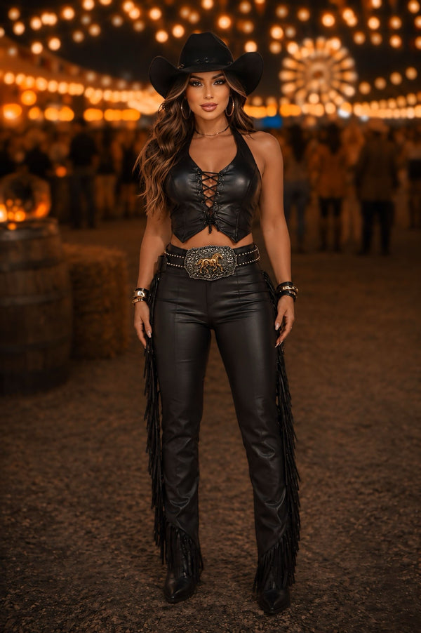 Conjunto Western Texas Black Luxo | Colete e Calça em Courino com Tecido Prada - Preciosa by Catiuse Daniela