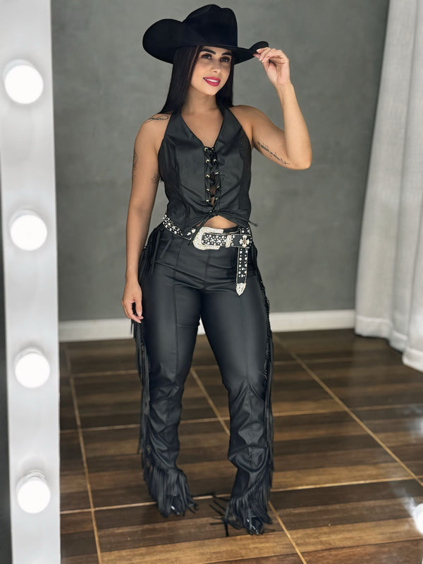 Conjunto Western Texas Black Luxo | Colete e Calça em Courino com Tecido Prada - Preciosa by Catiuse Daniela