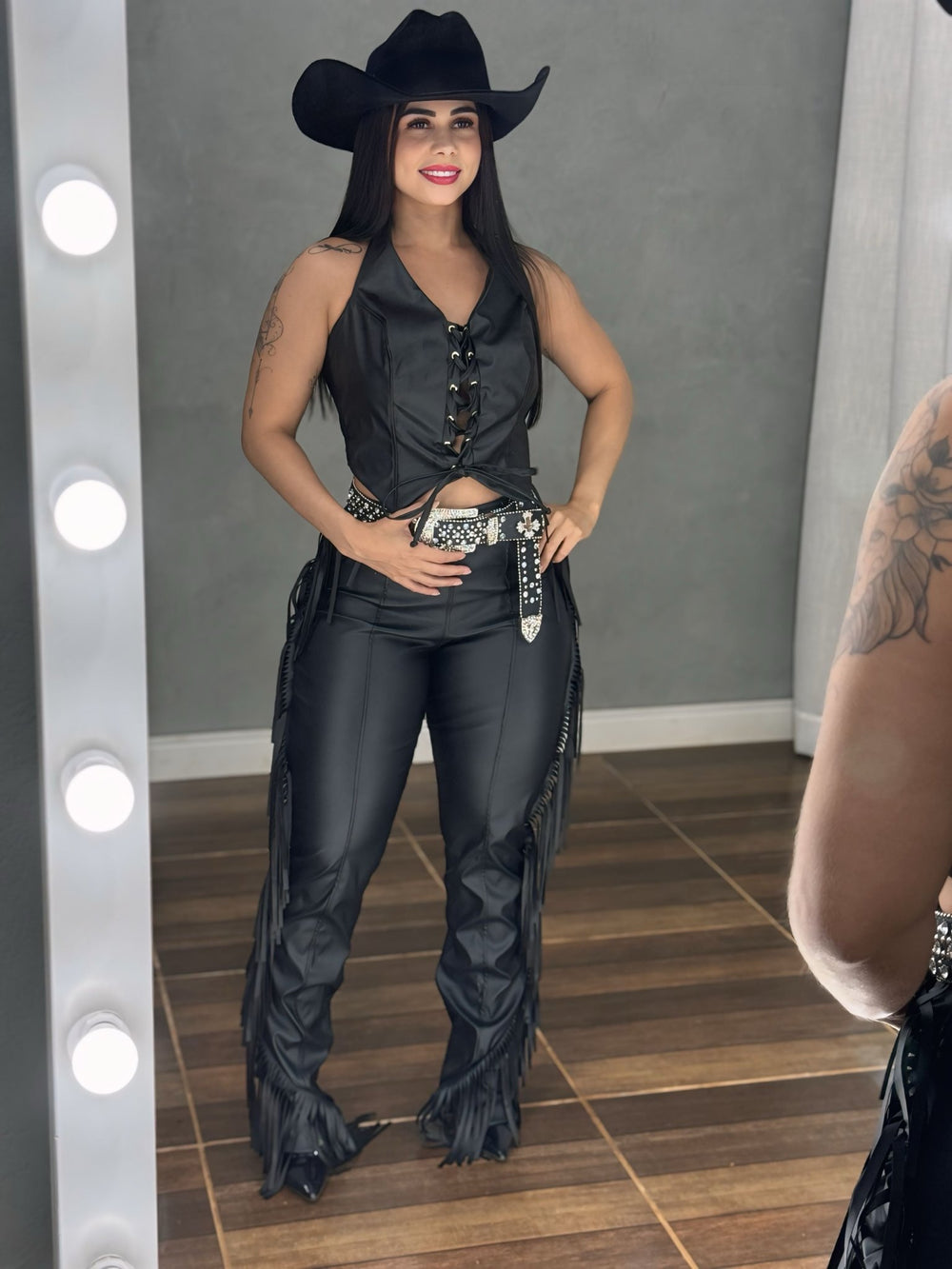 Conjunto Western Texas Black Luxo | Colete e Calça em Courino com Tecido Prada - Preciosa by Catiuse Daniela