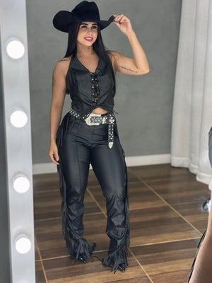Conjunto Western Texas Black Luxo | Colete e Calça em Courino com Tecido Prada - Preciosa by Catiuse Daniela