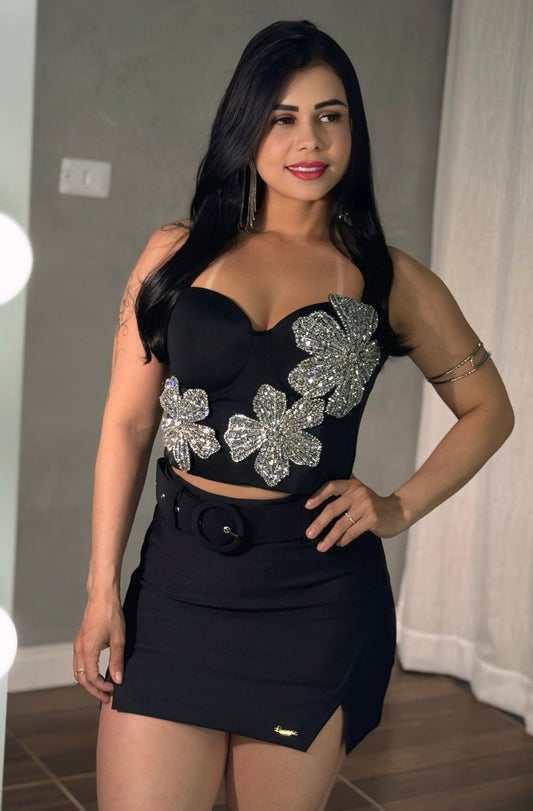 Cropped Corselet Flor Strass | Bandagem Alta Compressão e Bojo Regulável - Preciosa by Catiuse Daniela