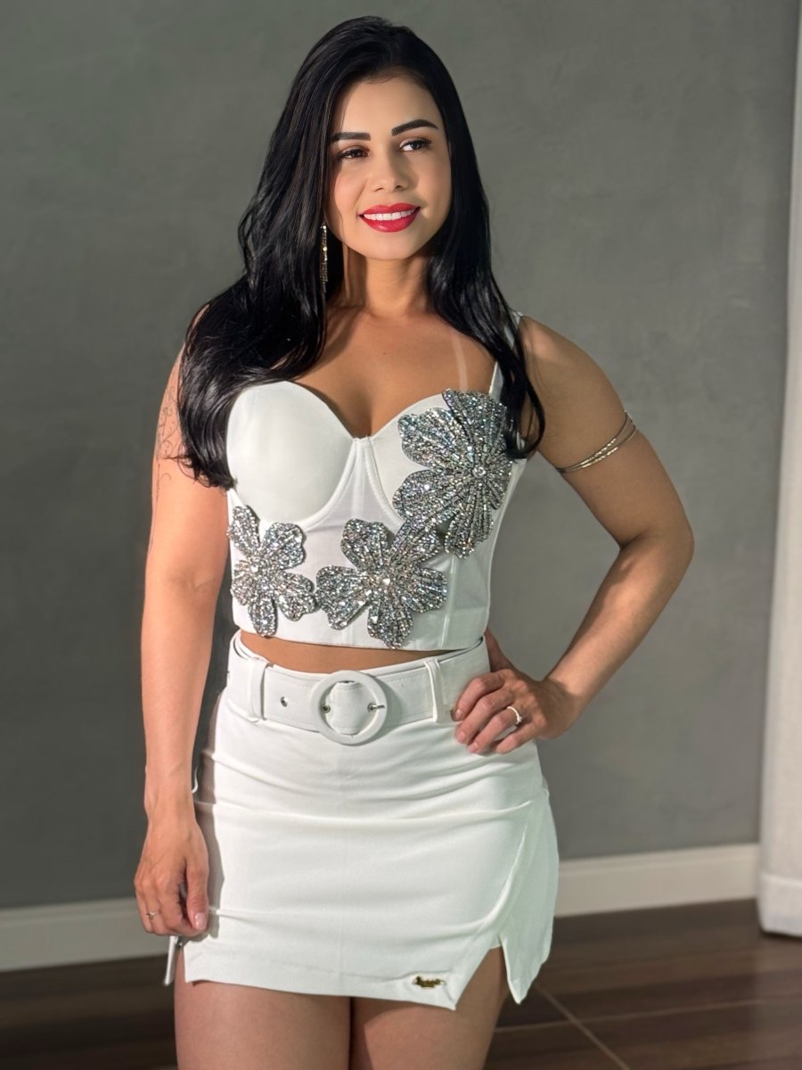 Cropped Corselet Flor Strass | Bandagem Alta Compressão e Bojo Regulável - Preciosa by Catiuse Daniela