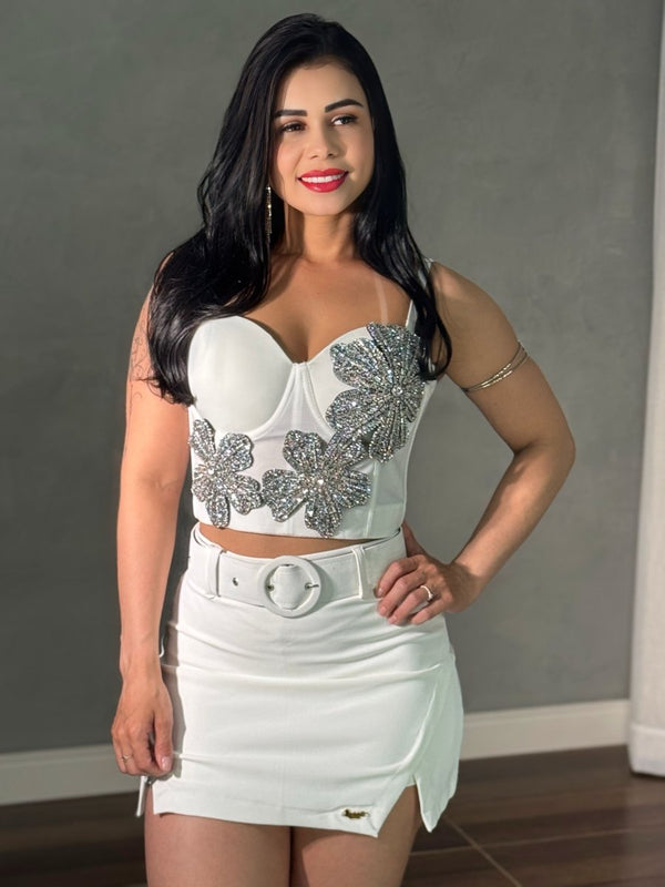 Cropped Corselet Flor Strass | Bandagem Alta Compressão e Bojo Regulável - Preciosa by Catiuse Daniela