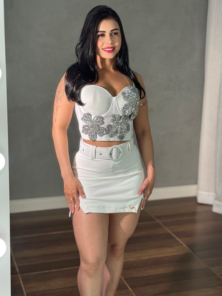 Cropped Corselet Flor Strass | Bandagem Alta Compressão e Bojo Regulável - Preciosa by Catiuse Daniela
