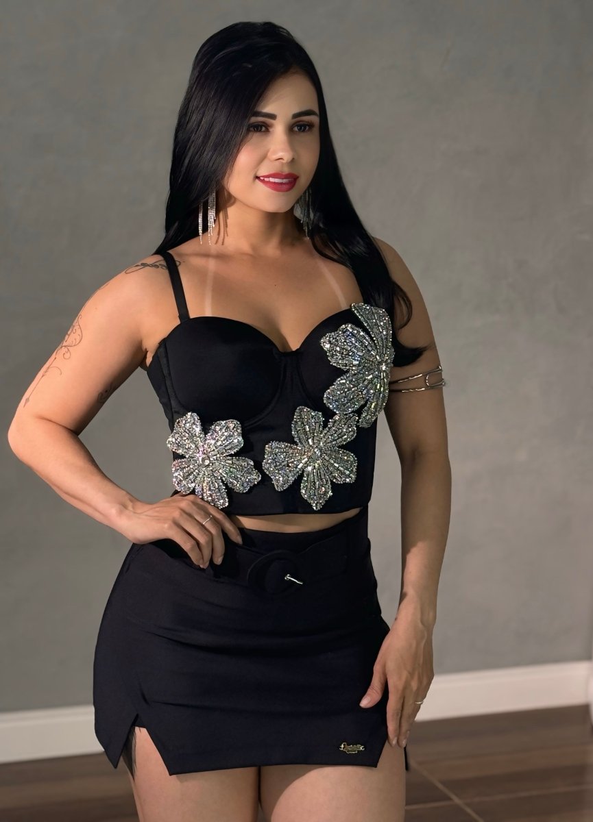 Cropped Corselet Flor Strass | Bandagem Alta Compressão e Bojo Regulável - Preciosa by Catiuse Daniela