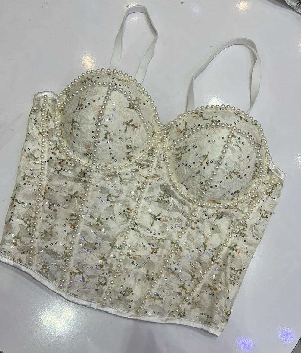 Cropped Corselet Pérolas e Renda | Floral, Bojo e Regulagem na Alça - Preciosa by Catiuse Daniela