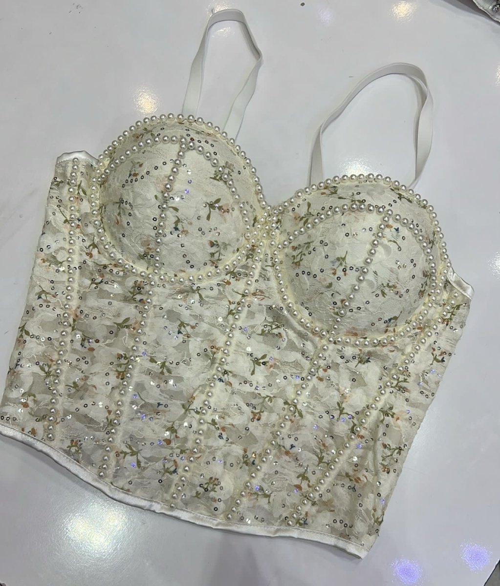 Cropped Corselet Pérolas e Renda | Floral, Bojo e Regulagem na Alça - Preciosa by Catiuse Daniela