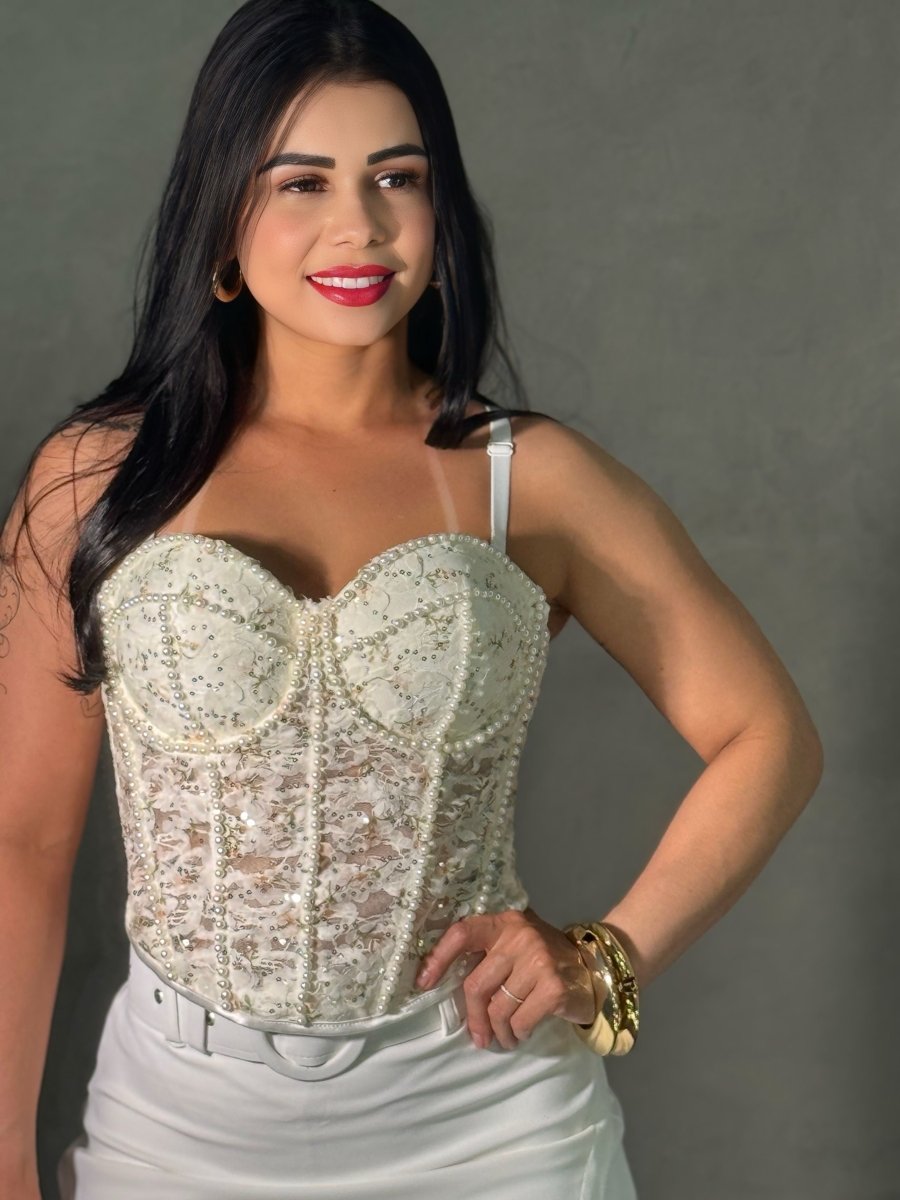 Cropped Corselet Pérolas e Renda | Floral, Bojo e Regulagem na Alça - Preciosa by Catiuse Daniela