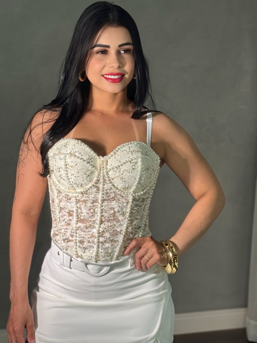 Cropped Corselet Pérolas e Renda | Floral, Bojo e Regulagem na Alça - Preciosa by Catiuse Daniela