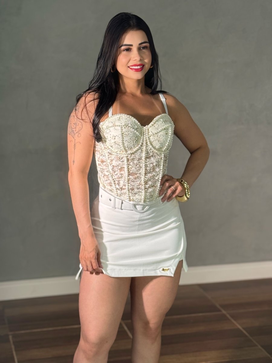 Cropped Corselet Pérolas e Renda | Floral, Bojo e Regulagem na Alça - Preciosa by Catiuse Daniela