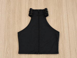 Cropped Pedraria Black Luxo | Tecido Poliamida Premium com Brilho e Fechamento em Zíper - Preciosa by Catiuse Daniela