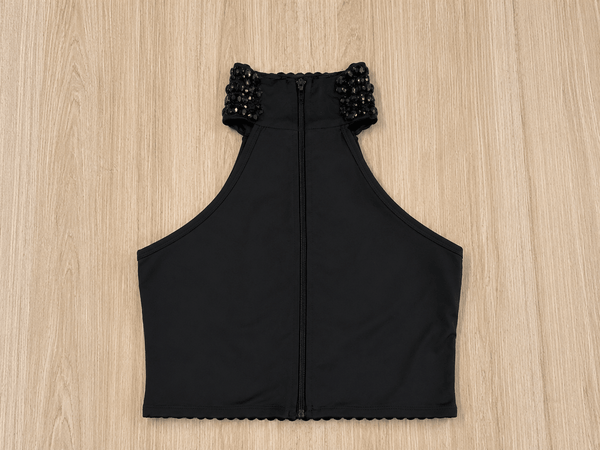 Cropped Pedraria Black Luxo | Tecido Poliamida Premium com Brilho e Fechamento em Zíper - Preciosa by Catiuse Daniela