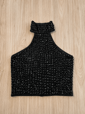 Cropped Pedraria Black Luxo | Tecido Poliamida Premium com Brilho e Fechamento em Zíper - Preciosa by Catiuse Daniela