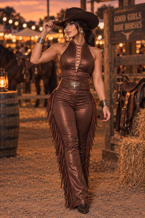 -Macacão Boiadeira Luxo em Cirrê | Design Western com Brilho e Modelagem Premium - Preciosa by Catiuse Daniela