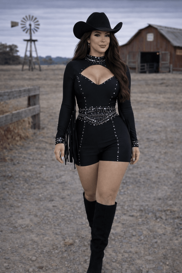 Macaquinho Franja e pedrarias Jade | Manga Longa, Moda Country Feminina - Preciosa by Catiuse Daniela