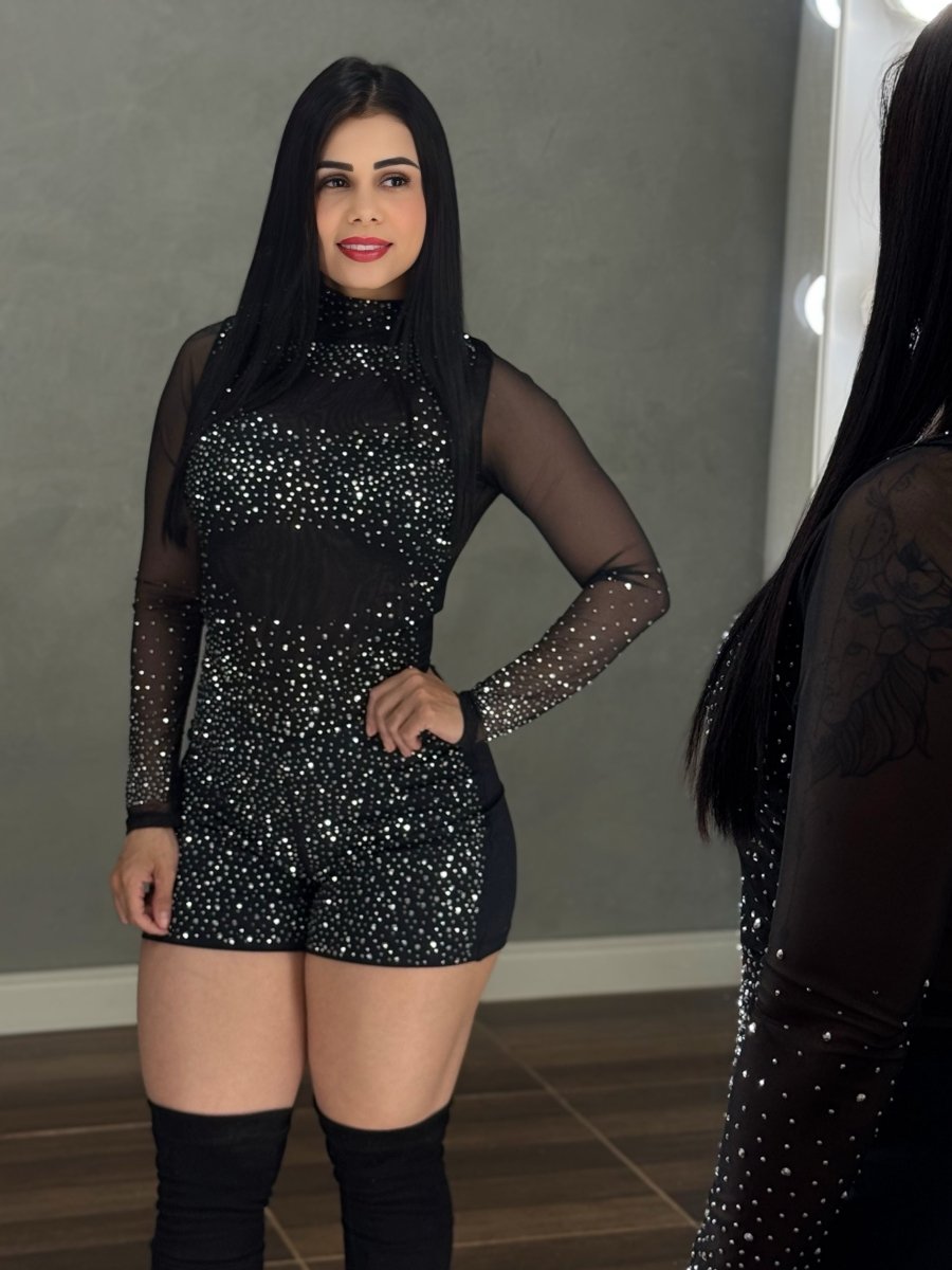 Macaquinho Tule Strass Letícia | Manga Longa e Poliamida Premium - Preciosa by Catiuse Daniela