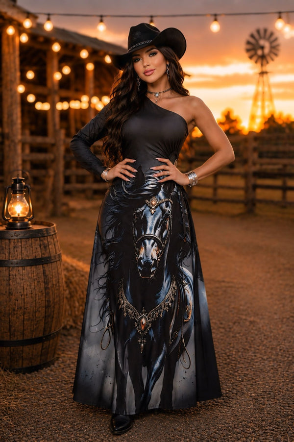PRE VENDA ENVIO 13/07 segunda feira - Vestido Longo Western Cavalo | Tecido Fluity Poliamida Nula Manga com Bojo e Detalhe de Argola Lateral - Preciosa by Catiuse Daniela