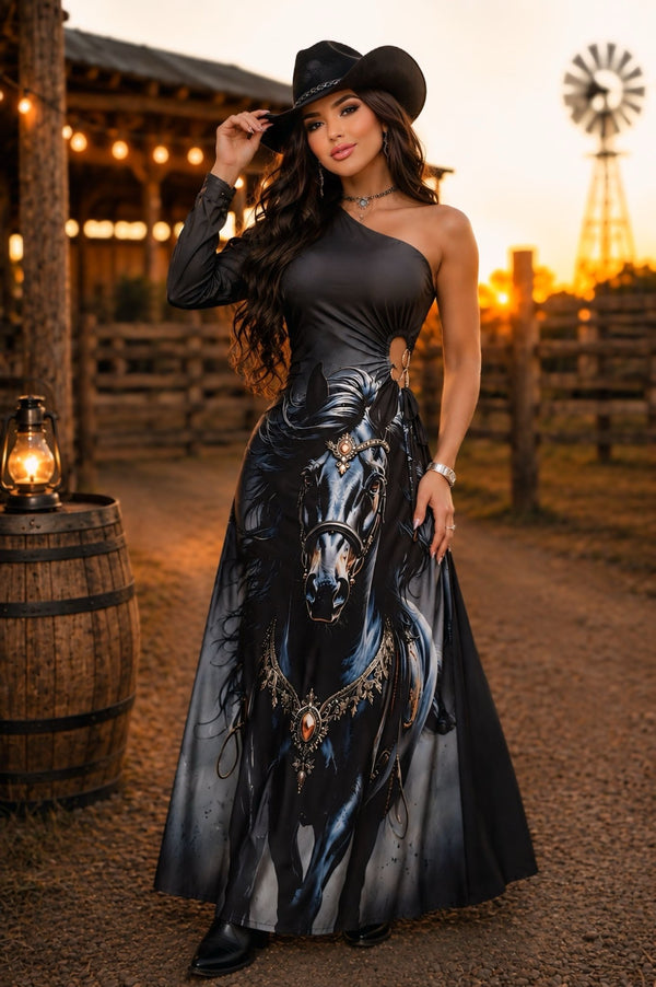 PRE VENDA ENVIO 13/07 segunda feira - Vestido Longo Western Cavalo | Tecido Fluity Poliamida Nula Manga com Bojo e Detalhe de Argola Lateral - Preciosa by Catiuse Daniela